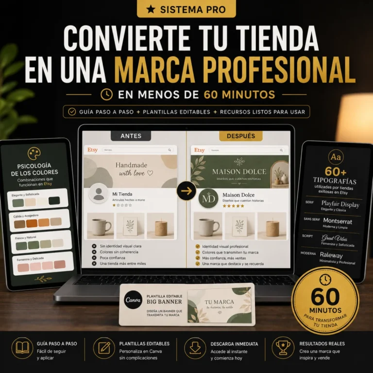Sistema de branding para Etsy con plantillas editables, psicología de colores, tipografías profesionales y recursos para crear una marca profesional en menos de 60 minutos.